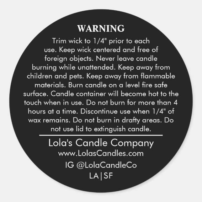 Custom Candle Warning Label Black on White Matte (Front)