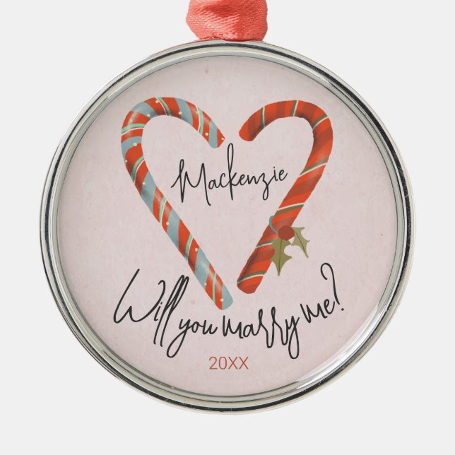 Custom Candy Cane Heart Christmas Engagement Metal Ornament (Front)