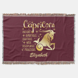 Custom Capricorn Zodiac Sign Gold Maroon Astrology Throw Blanket