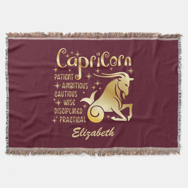 Custom Capricorn Zodiac Sign Gold Maroon Astrology Throw Blanket (Front)