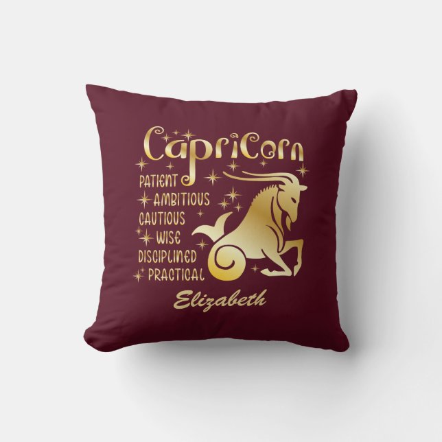 Custom Capricorn Zodiac Sign Gold Maroon Luxury Throw Pillow (Front)