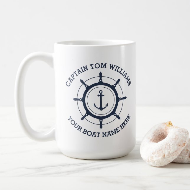 Custom captain and boat name anchor coffee mug (With Donut)
