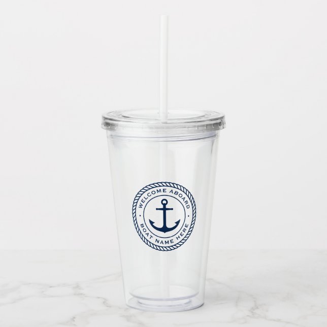Custom captain and boat name anchor rope border acrylic tumbler (Front)