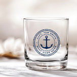 Custom captain and boat name anchor rope border whiskey glass<br><div class="desc">Glass featuring a dark blue,  elegant anchor and rope emblem with your custom name and boat name on a white background.</div>