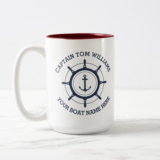 Custom captain and boat name anchor Two-Tone coffee mug (Left)