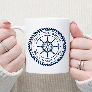 Custom captain boat name nautical ship's wheel coffee mug