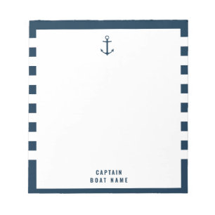 Custom Captain Boat Nautical Anchor Navy Stripes   Notepad