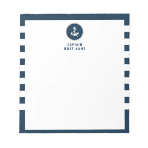 Custom Captain Boat Nautical Anchor Navy Stripes   Notepad