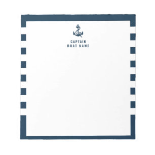 Custom Captain Boat Nautical Anchor Navy Stripes   Notepad