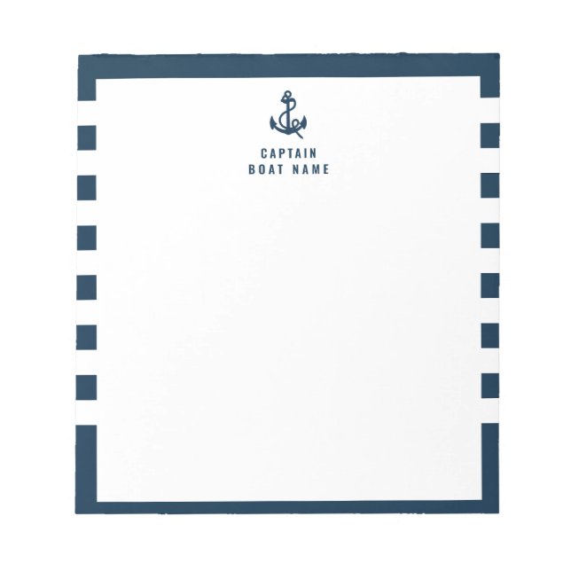Custom Captain Boat Nautical Anchor Navy Stripes   Notepad (Front)