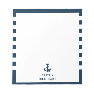 Custom Captain Boat Nautical Anchor Navy Stripes   Notepad