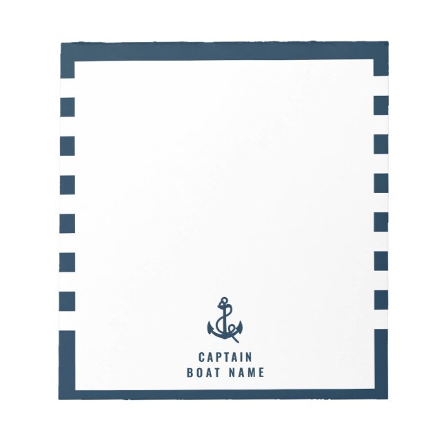 Custom Captain Boat Nautical Anchor Navy Stripes   Notepad (Front)