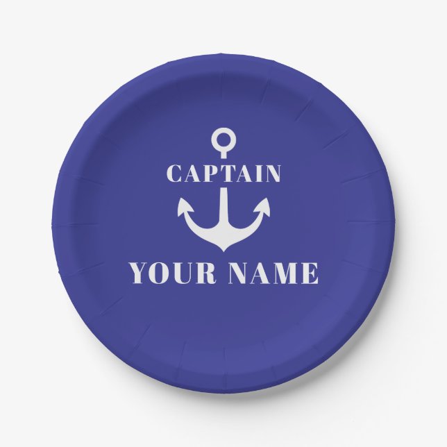 Custom Captain Name Anchor Blue Paper Plate (Front)