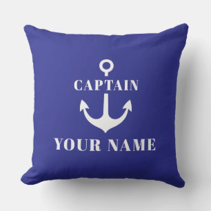 Custom Captain Name Anchor Blue Throw Pillow