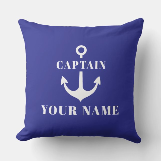 Custom Captain Name Anchor Blue Throw Pillow (Front)