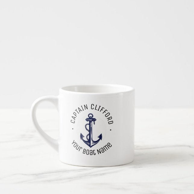 Custom Captain Name Boat Nautical Anchor Navy  Espresso Cup (Left)