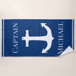 Custom Captain Name with Nautical Anchor on Navy Beach Towel