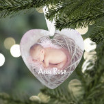 Custom Caption Baby Photo Ornament<br><div class="desc">Customize this sweet heart-shaped ornament with two treasured photos to commemorate your baby's birth or first Christmas. Your custom captions appear on the front and back in white hand lettered style brush typography.</div>