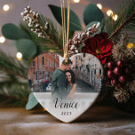 Custom Caption Honeymoon Photo Ceramic Ornament<br><div class="desc">Commemorate your honeymoon or a special vacation with this elegant ornament featuring a photo on each side. Personalize with your custom caption using two lines of custom text on each side,  in black lettering on a sheer white overlay.</div>