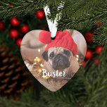 Custom Caption Pet Photo Ornament<br><div class="desc">Customize this sweet heart-shaped ornament with two treasured photos of your furry friend. Your custom captions appear on the front and back in white hand lettered style brush typography. Shown with pet's name and the year.</div>