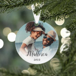 Custom Caption Vacation Photo Ornament<br><div class="desc">Commemorate a special trip or vacation with this elegant acrylic ornament featuring a photo on each side. Personalize with your custom caption using two lines of custom text on each side,  in black lettering on a sheer white overlay.</div>