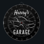 Custom car garage mancave dart board<br><div class="desc">Custom car garage mancave dart board gift. Cool automotive design with personalized name and background colour. Christmas or Birthday gift idea for husband, dad, boyfriend, grandpa, boss, coworker, taxi driver, race driver, boy, kids etc. Trendy home decor time clock for mechanic, auto repair shop, garage, man cave etc. Upload your...</div>
