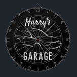 Custom car garage mancave dart board<br><div class="desc">Custom car garage mancave dart board gift. Cool automotive design with personalized name and background colour. Christmas or Birthday gift idea for husband, dad, boyfriend, grandpa, boss, coworker, taxi driver, race driver, boy, kids etc. Trendy home decor time clock for mechanic, auto repair shop, garage, man cave etc. Upload your...</div>