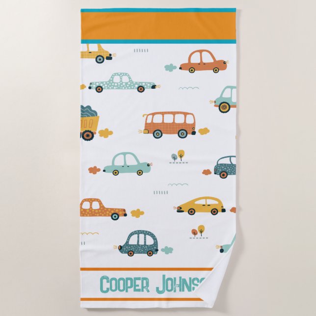 Custom car name pastel blue and orange  beach towel (Front)