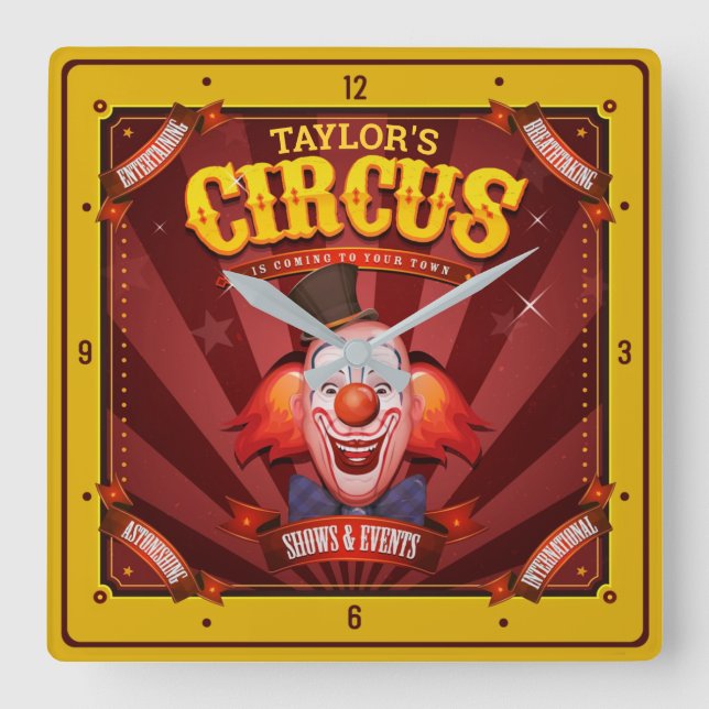 Custom Carnival Clown Big Top Family Circus Show Square Wall Clock (Front)
