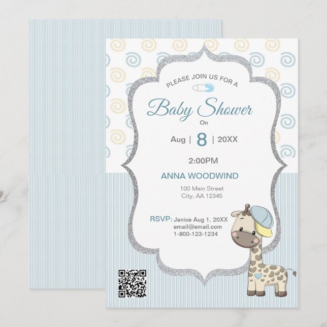 Custom Cartoon Baby Boy Giraffe Invitation (Front/Back)