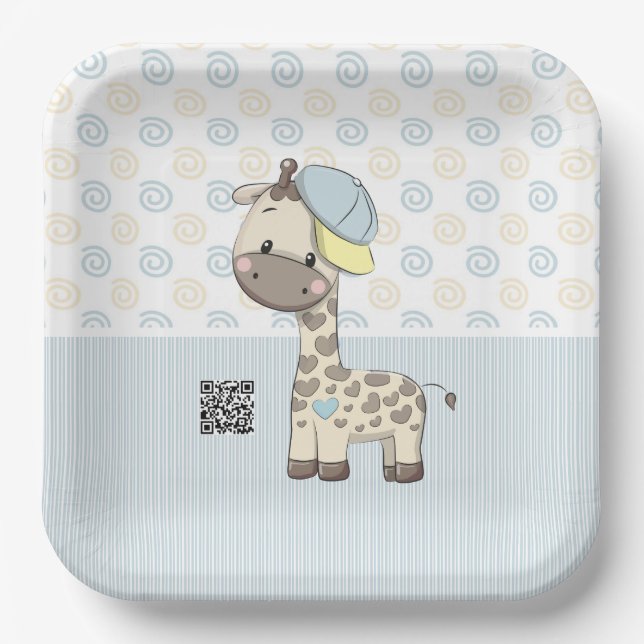 Custom Cartoon Baby Boy Giraffe Paper Plate  (Front)