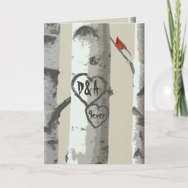Custom Carved Hearts On Birch Tree Valentine's Holiday Card (Front)