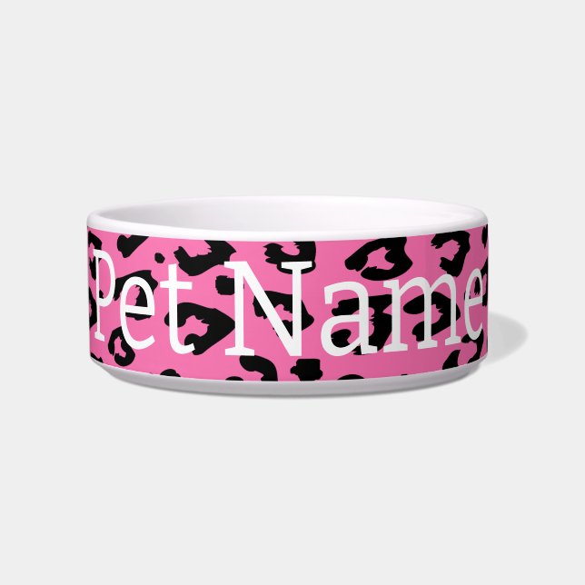 Custom cat bowl with pink leopard animal print (Front)