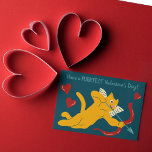 Custom Cat Cupid Valelentine's Day Postcard<br><div class="desc">Send the Purrfect Valentine's Day greetings with this postcard. It features a cartoon style illustration of an orange cat doing his best impersonation of cupid with some festive red heart accents against a dark blue background. It's ready to be personalized with your own message on the front in teal coloured...</div>