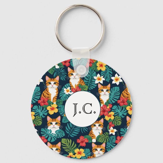 custom Cat Hawaiian style pattern tropical ginger Keychain (Front)