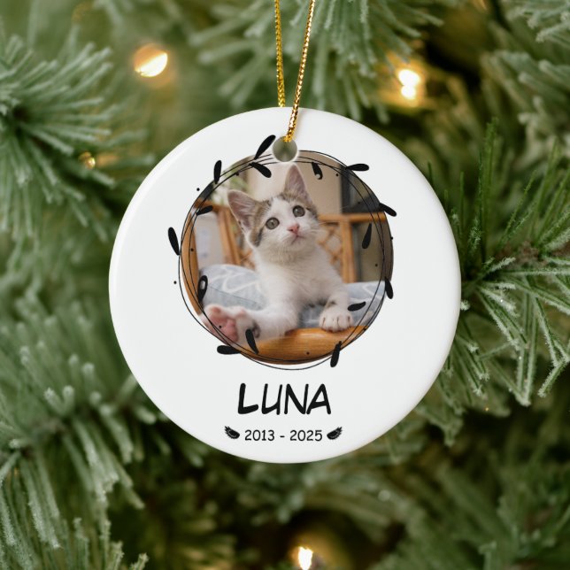Custom Cat Memorial Keepsake – Photo, Name & Dates Ceramic Ornament (Tree)