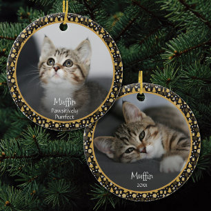Custom Cat Name 2 Photo Black Gold Christmas Ceramic Ornament