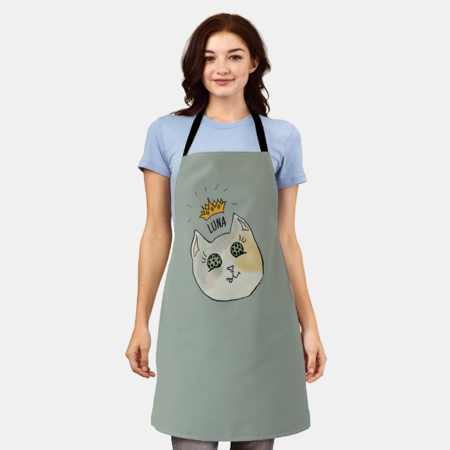 Custom Cat Name Art - Chubby White Cat with Crown Apron (Worn)
