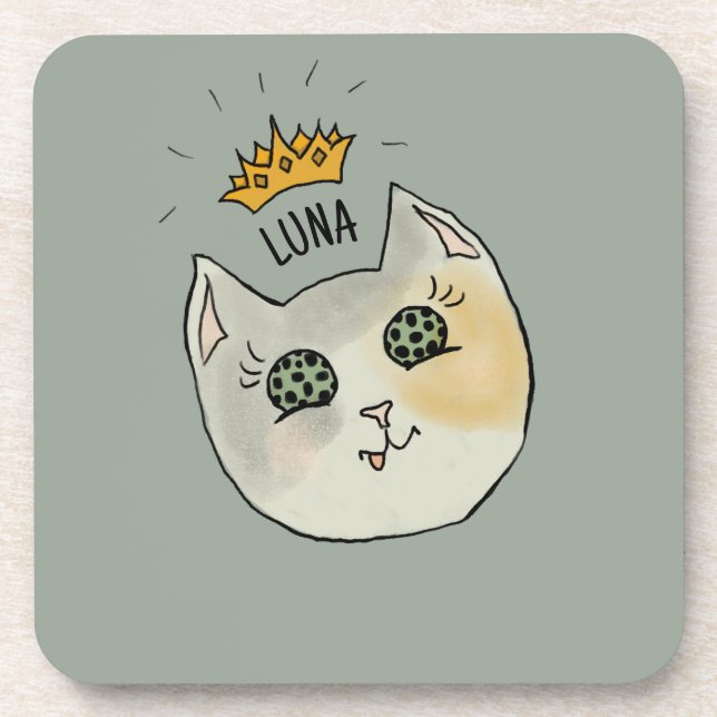 Custom Cat Name Art - Chubby White Cat with Crown Coaster (Front)