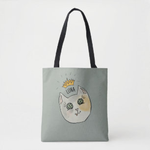 Custom Cat Name Art - Chubby White Cat with Crown Tote Bag