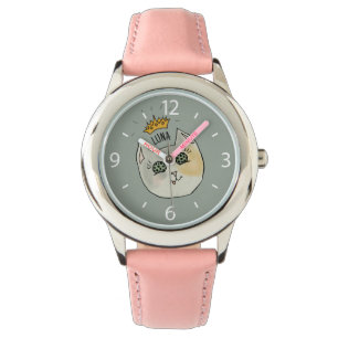 Custom Cat Name Art - Chubby White Cat with Crown Watch