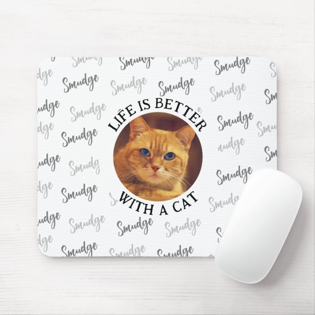 Custom Cat Name Pattern with Photo White Mouse Pad (With Mouse)