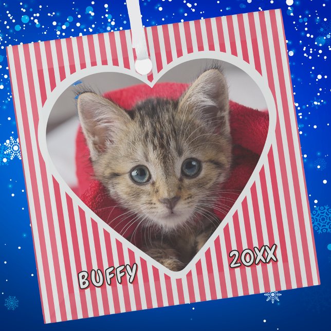 Custom Cat on Red and White Striped Heart on Glass Ornament (Creator Uploaded)
