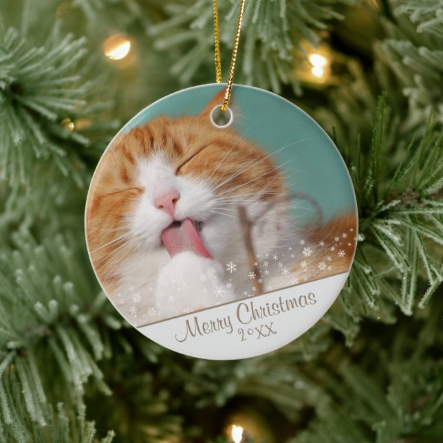 Custom Cat Pet Photo Christmas Holiday Keepsake Ceramic Ornament (Tree)