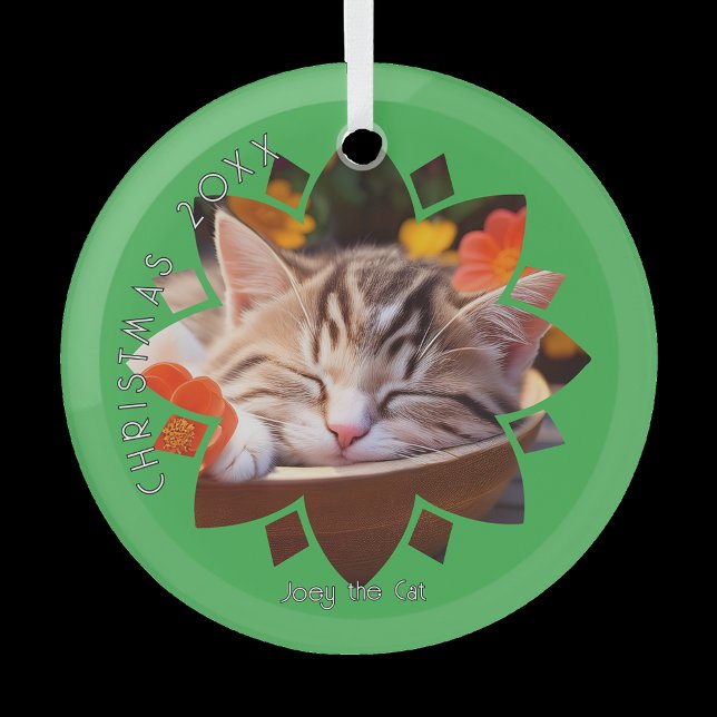 Custom Cat Photo Framed in Flower on Green  Glass Ornament (Creator Uploaded)