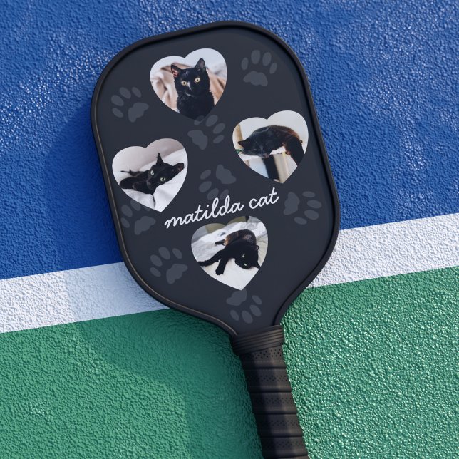 Custom Cat Photo Heart Black Pickleball Paddle (Upload 4 photos of your best friend to this pickleball paddle and play ball)
