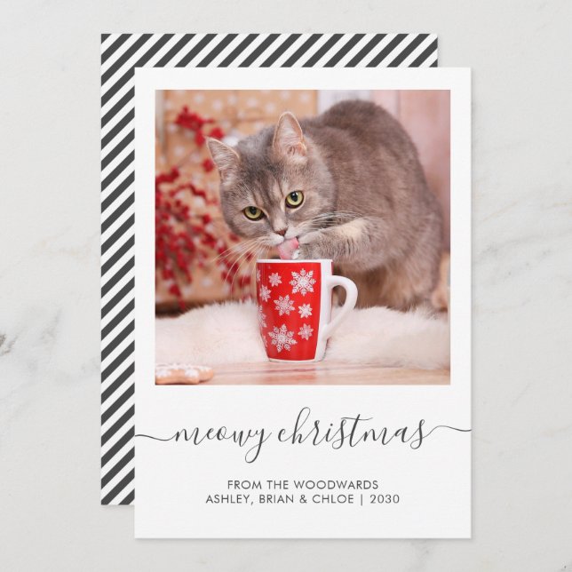 Custom Cat Photo Meowy Christmas Script Holiday Card (Front/Back)