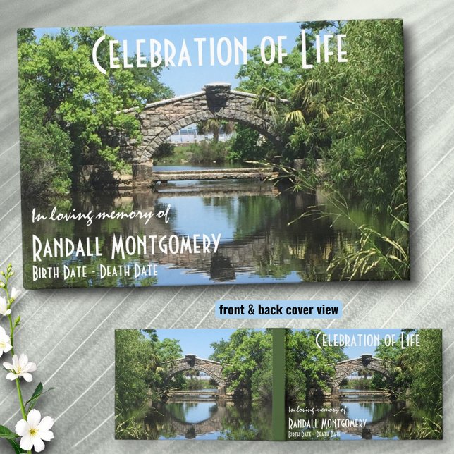 Custom Celebration Of Life Bridge Reflection Guest Book (Guestbook template front cover and back design.)