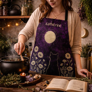 Custom Celestial Cat Floral Purple Apron