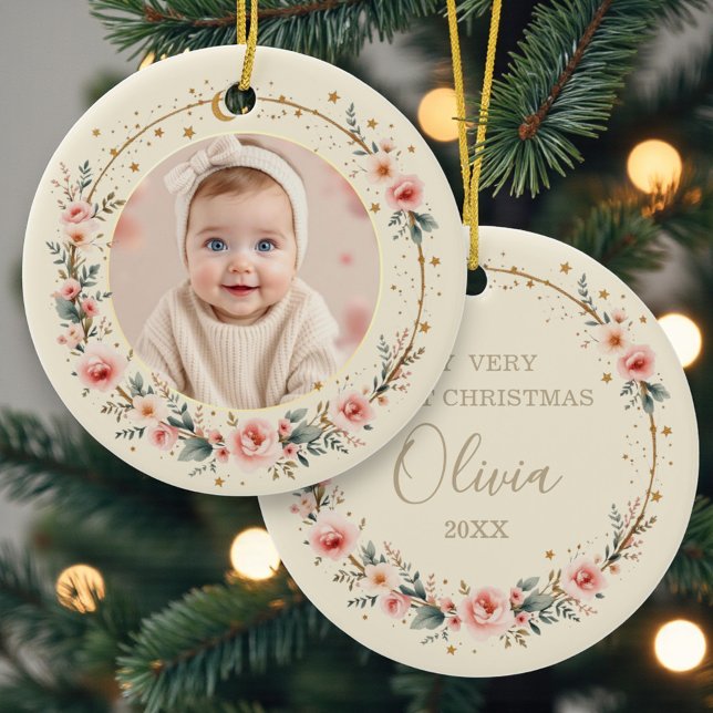 Custom Celestial Starry Baby First Christmas Photo Ceramic Ornament (Creator Uploaded)
